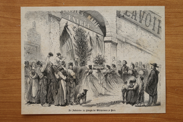 Wood Engraving Paris 1866 Inauguration Queen of washing women Les Laveuses France